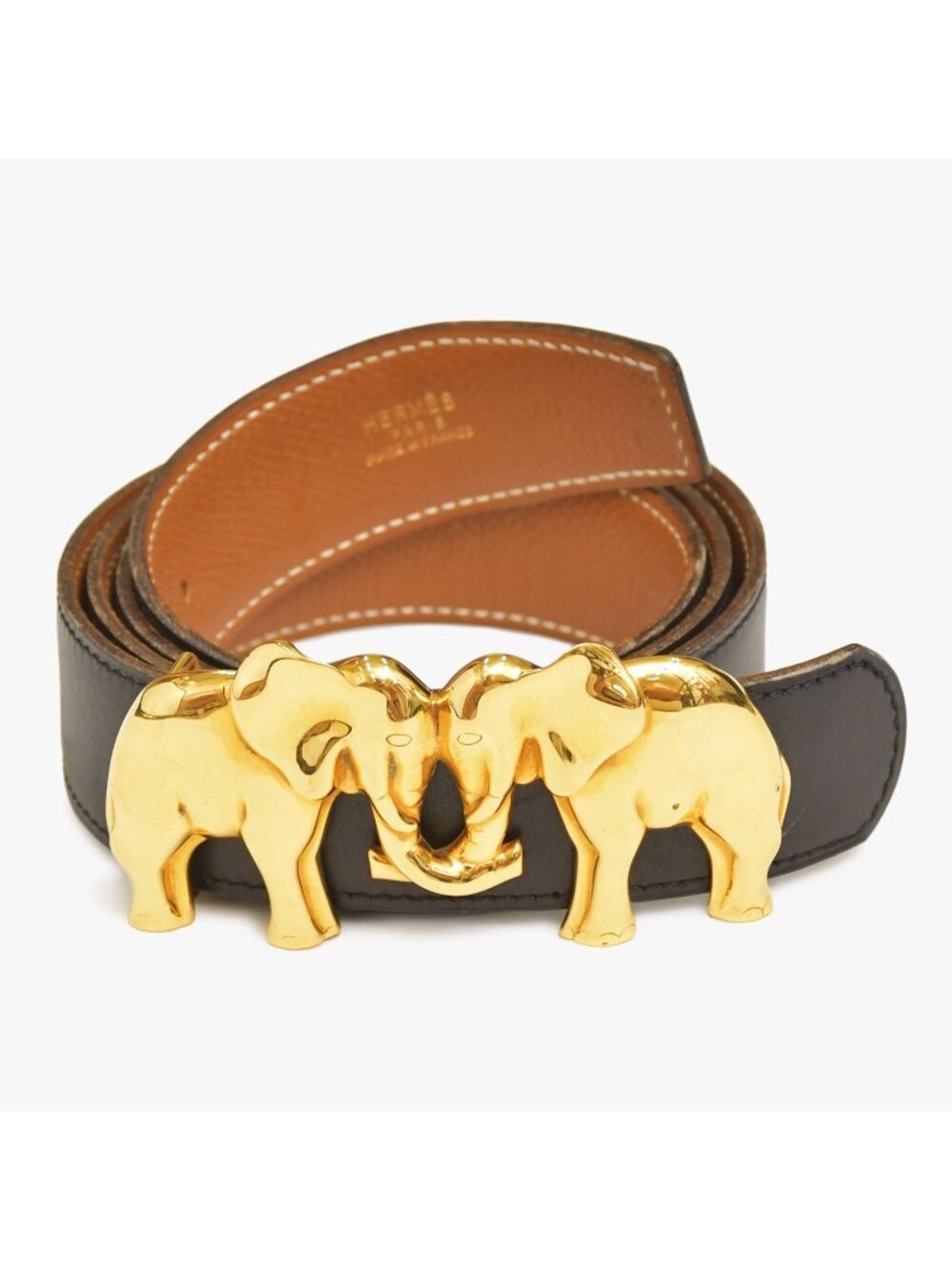 Hermes Elephant Motif Belt 5 Statue Gold Buckle Leather Plated Black Brown